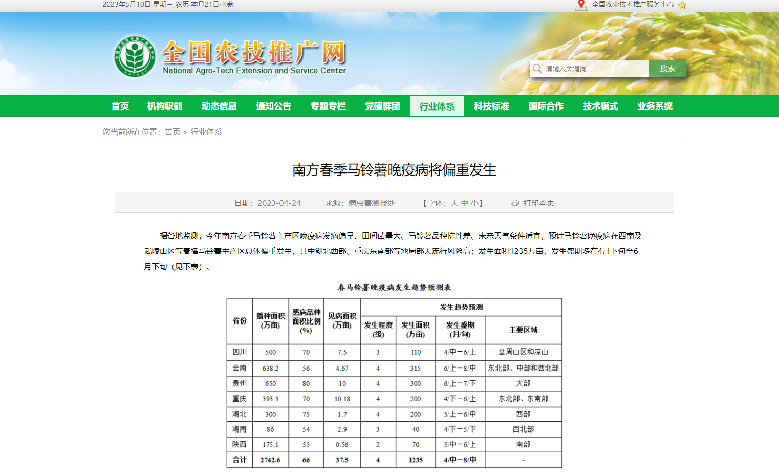 南方春季馬鈴薯晚疫病將偏重發(fā)生